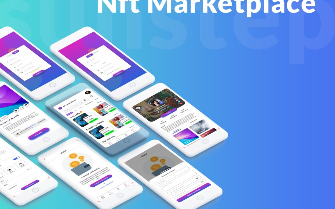 Explore the Sunstep NFT platform's mobile app with screens displaying digital collectibles and blockchain-based art